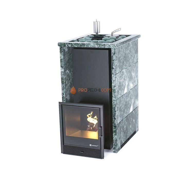 Дровяная печь для бани ИзиСтим Геленджик в трехстороннем кожухе с открытым верхом из змеевика