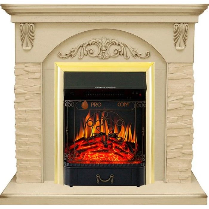Каминокомплект Royal Flame Bern Сланец крупный бежевый / Алебастр темная патина с очагом Majestic FX Brass