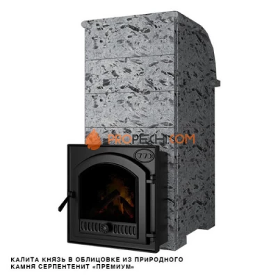 Чугунная печь для бани Инжкомцентр ВВД Калита Князь (серпентинит Премиум) с чугунной дверцей, дымоход сбоку