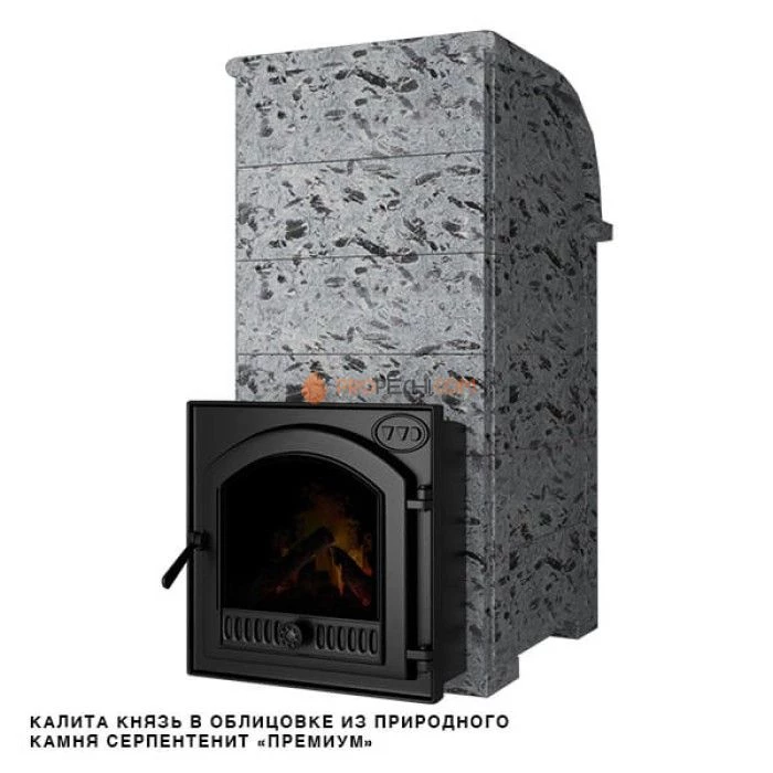 Чугунная печь для бани Инжкомцентр ВВД Калита Князь (серпентинит Премиум) с чугунной дверцей, дымоход сбоку