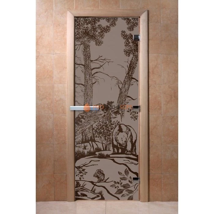 Дверь для бани DoorWood с рисунком Мишки Черный жемчуг матовая, 2000x800 мм