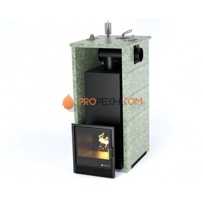 Дровяная печь для бани ИзиСтим Геленджик в трехстороннем кожухе с боковым подключением из жадеита