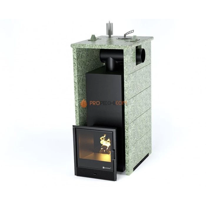 Дровяная печь для бани ИзиСтим Геленджик в трехстороннем кожухе с боковым подключением из жадеита
