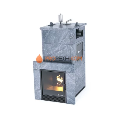 Дровяная печь для бани ИзиСтим Сочи М2 в полноценном кожухе с боковым подключением из талькохлорита