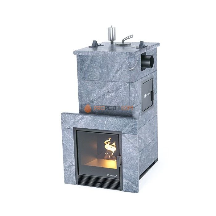 Дровяная печь для бани ИзиСтим Сочи М2 в полноценном кожухе с боковым подключением из талькохлорита