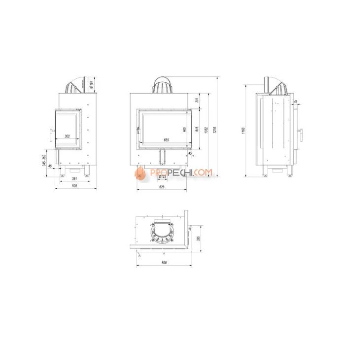 Каминная топка стальная Kratki LUCY/12/P/BS (угловое стекло справа) (12 кВт)