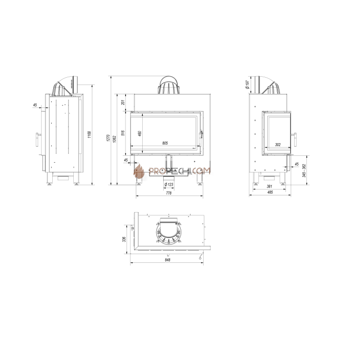 Каминная топка стальная Kratki LUCY/14/L/BS (угловое стекло слева) (14 кВт)