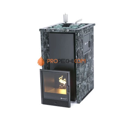 Дровяная печь для бани ИзиСтим Геленджик М2 в трехстороннем кожухе с открытым верхом из пироксенита
