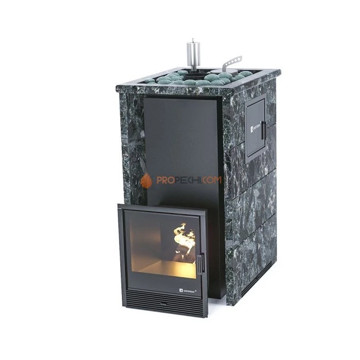 Дровяная печь для бани ИзиСтим Геленджик М2 в трехстороннем кожухе с открытым верхом из пироксенита