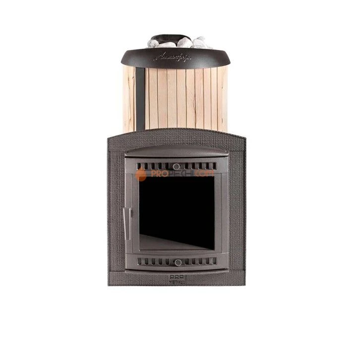 Чугунная печь для бани Атмосфера XL Про ламели Окаменевшее дерево перенесенный рисунок