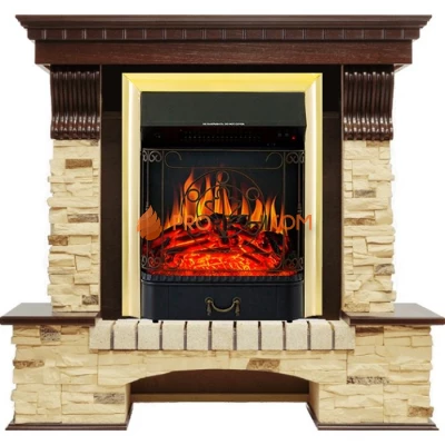 Каминокомплект Royal Flame Pierre Luxe угловой - Темный дуб / Сланец с очагом Majestic FX Brass
