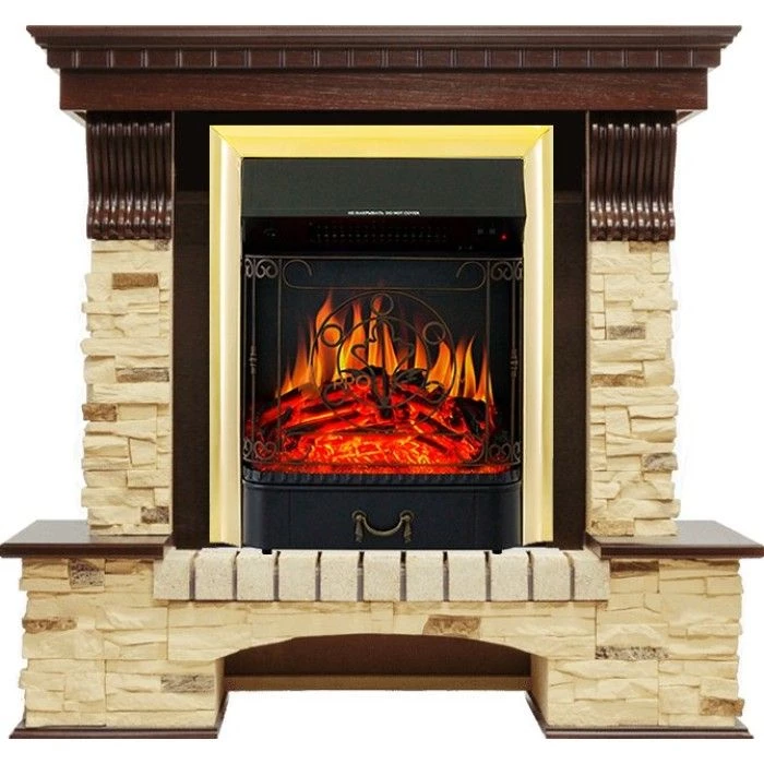 Каминокомплект Royal Flame Pierre Luxe угловой - Темный дуб / Сланец с очагом Majestic FX Brass