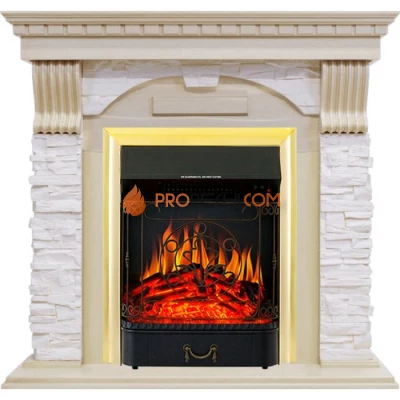 Каминокомплект Royal Flame Dublin - Слоновая кость с патиной / Сланец крем с очагом Majestic FX Brass