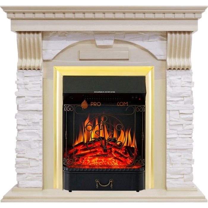 Каминокомплект Royal Flame Dublin - Слоновая кость с патиной / Сланец крем с очагом Majestic FX Brass
