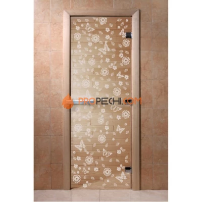 Дверь для бани DoorWood с рисунком Цветы и бабочки Прозрачная, 2100x900 мм