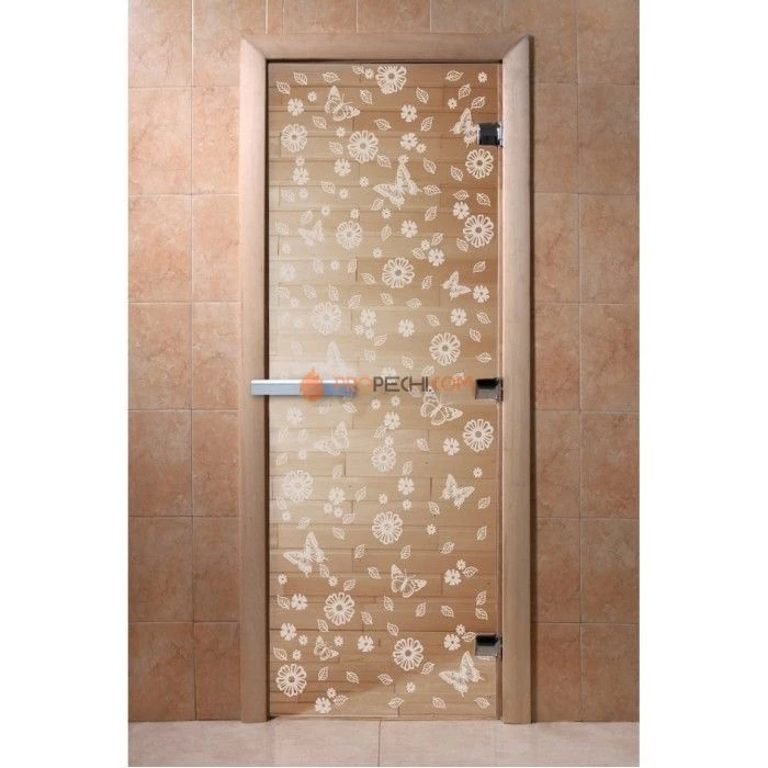 Дверь для бани DoorWood с рисунком Цветы и бабочки Прозрачная, 2100x900 мм