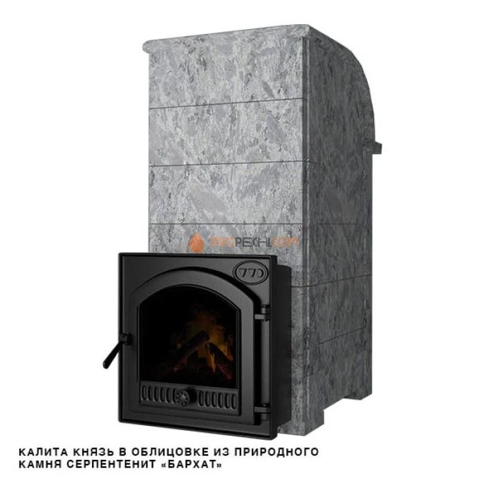 Чугунная печь для бани Инжкомцентр ВВД Калита Князь (серпентинит Бархат) с чугунным порталом и чугунной дверцей, дымоход сбоку