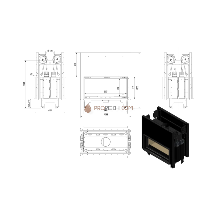 Каминная топка стальная Kratki MILA/T/G (тунель, гильотина) (16 кВт)