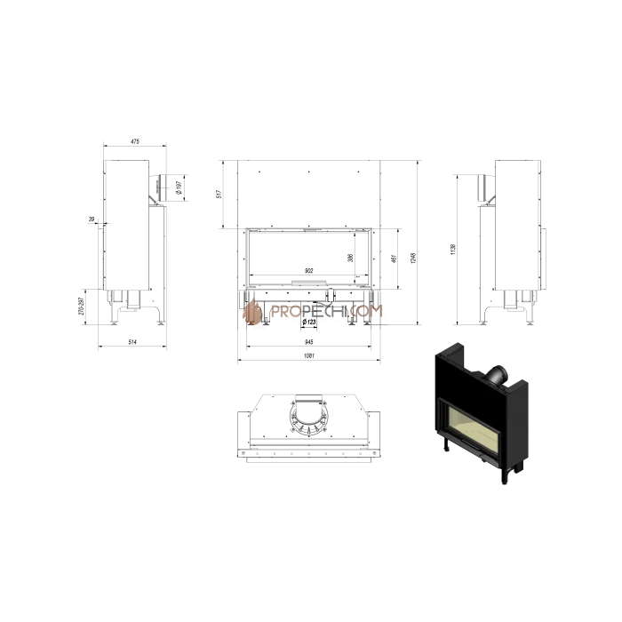 Каминная топка стальная Kratki NADIA/14/G (гильотина) (14 кВт)