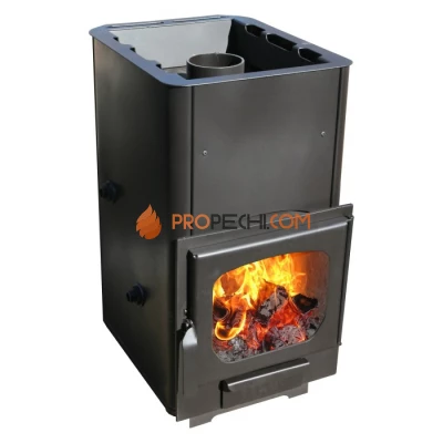 Дровяная печь для бани Варвара Мини с контуром укороченная топка Панорамная дверь