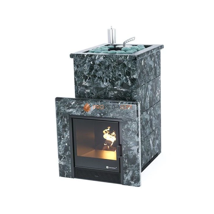 Дровяная печь для бани ИзиСтим Сочи в полноценном кожухе с открытым верхом из пироксенита