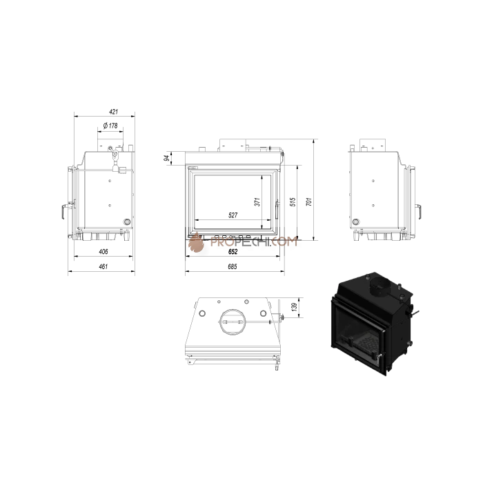 Каминная топка стальная Kratki ERYK/PW/10/W с теплообменником