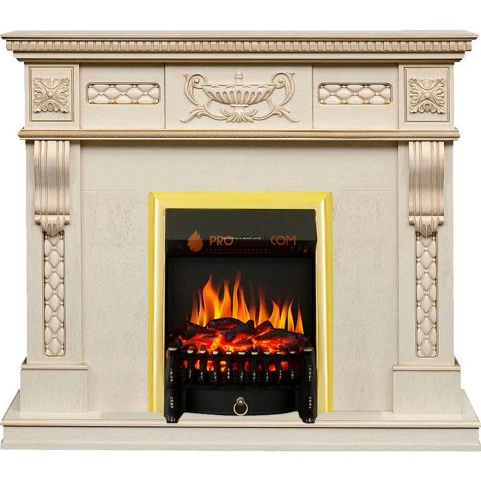 Каминокомплект Royal Flame Corsica - Слоновая кость с патиной (Ширина 1100) с очагом Fobos FX Brass