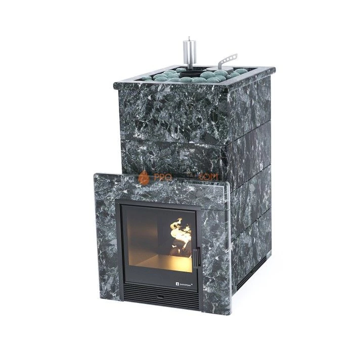 Дровяная печь для бани ИзиСтим Геленджик в полноценном кожухе с открытым верхом из пироксенита