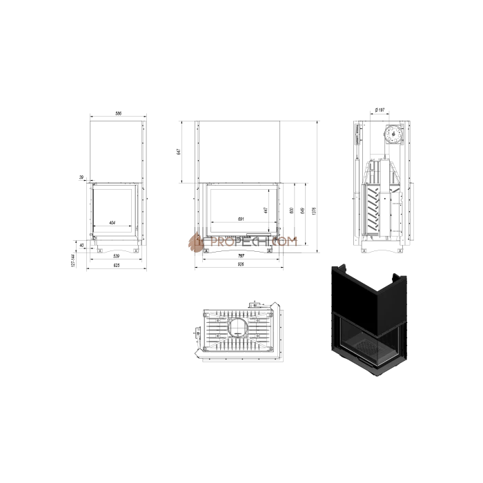 Каминная топка Kratki Amelia/P/BS/G (угловое стекло справа,гильотина)
