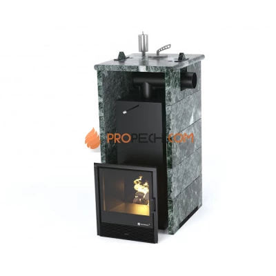 Дровяная печь для бани ИзиСтим Сочи в трехстороннем кожухе с боковым подключением из змеевика