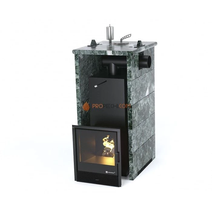 Дровяная печь для бани ИзиСтим Сочи в трехстороннем кожухе с боковым подключением из змеевика
