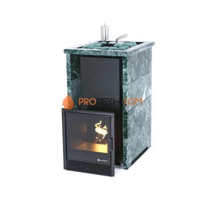 Дровяная печь для бани ИзиСтим Сочи в трехстороннем кожухе с открытым верхом из змеевика