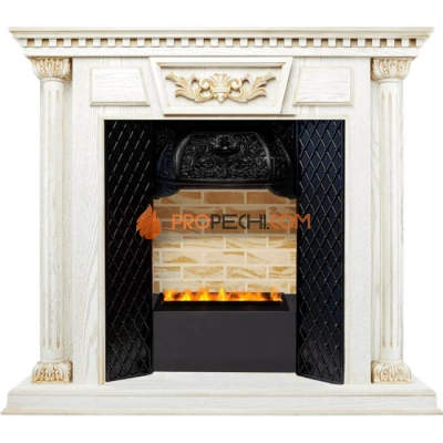 Каминокомплект Dimplex Olympia - Белый дуб, патина с золотом / Кирпич с очагом Cassette 400 LNH-INT PS (без дров)