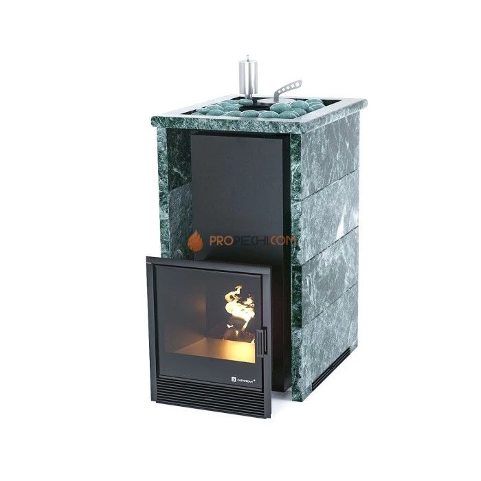 Дровяная печь для бани ИзиСтим Сочи в трехстороннем кожухе с открытым верхом из змеевика