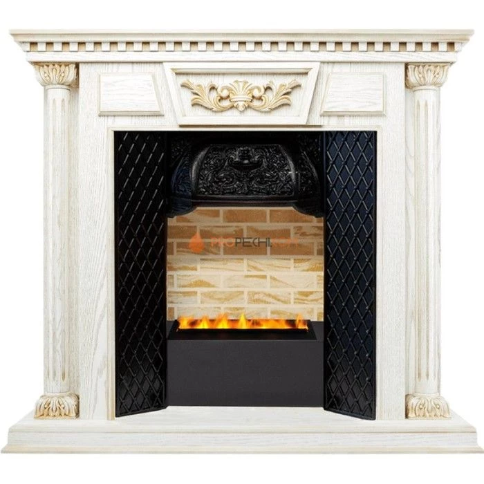 Каминокомплект Dimplex Olympia - Белый дуб, патина с золотом / Кирпич с очагом Cassette 400 LNH-INT PS (без дров)