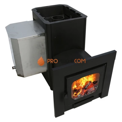 Дровяная печь для бани Варвара Мини Навесная удлиненная топка Панорамная дверь