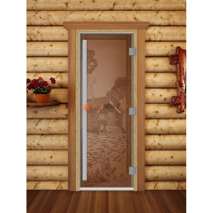 Дверь для бани DoorWood Престиж с рисунком Банька в лесу Бронза матовая, 1900x700 мм