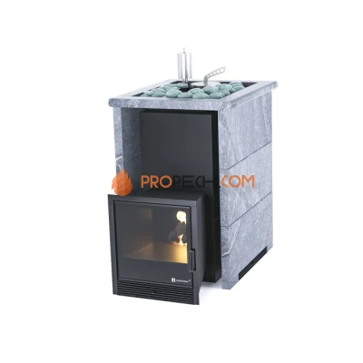 Дровяная печь для бани ИзиСтим Анапа в трехстороннем кожухе с открытым верхом из змеевика