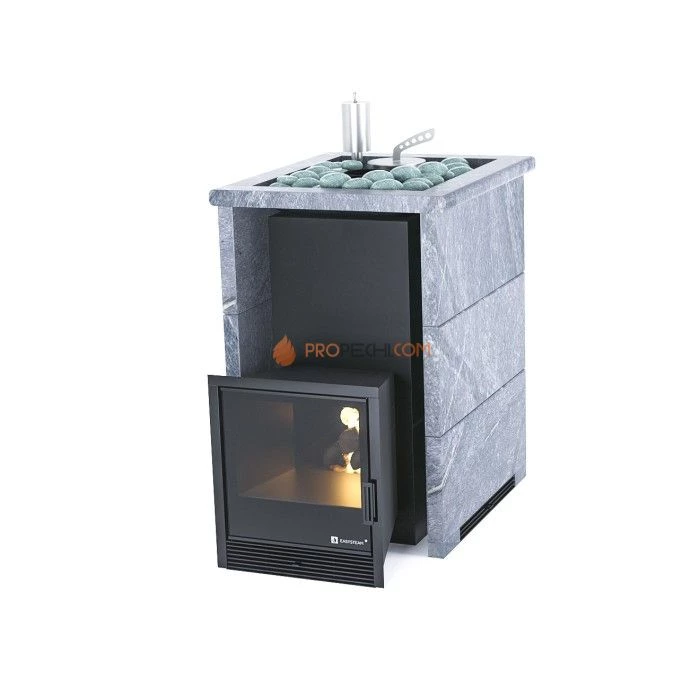 Дровяная печь для бани ИзиСтим Анапа в трехстороннем кожухе с открытым верхом из змеевика