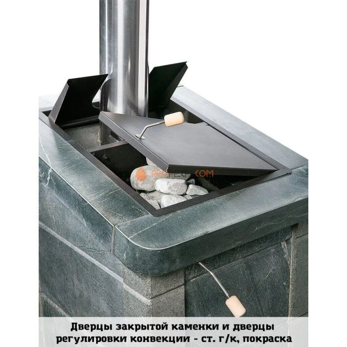 Чугунная печь для бани Инжкомцентр ВВД Сударушка Семейная РК (серпентинит Бархат) cо стальной окрашенной дверцей, с фасками, дымоход сверху