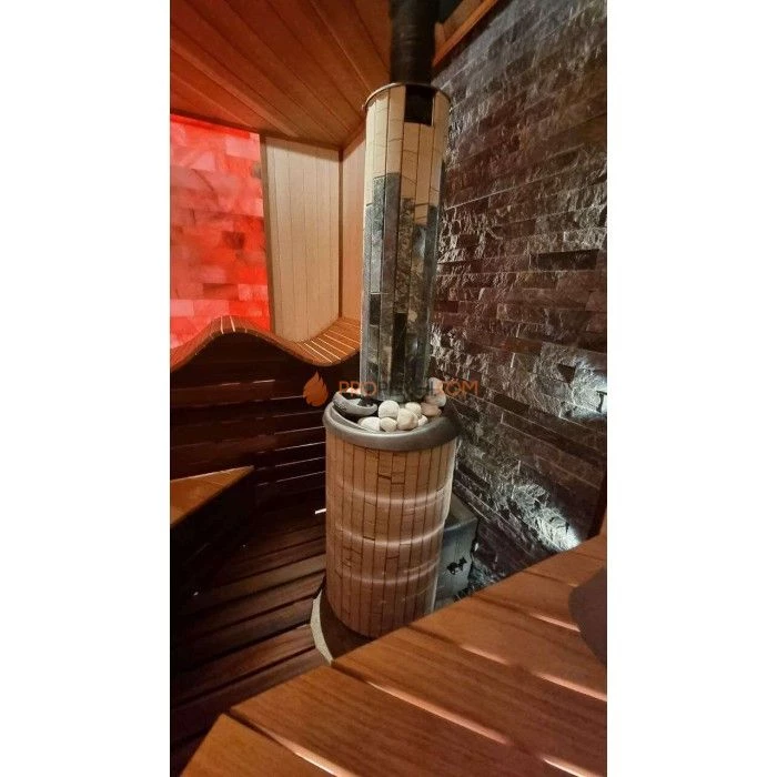 Чугунная печь для бани Атмосфера в ламелях Окаменевшее дерево перенесенный рисунок до 22 м³