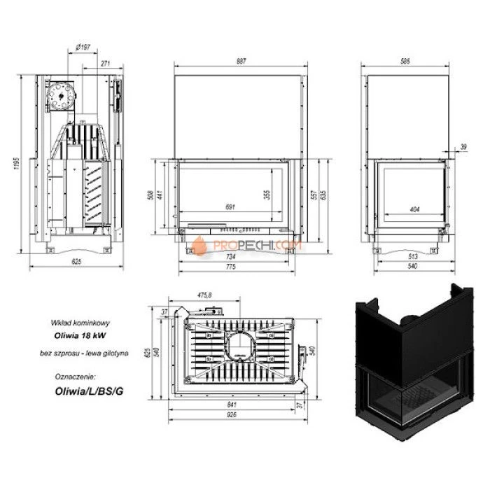 Каминная топка Kratki Oliwia/L/BS/G (угловое стекло слева, гильотина)