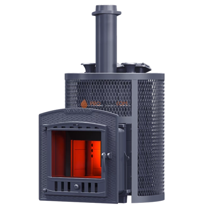 Чугунная печь для бани Гефест Авангард ЗК 24П2 Ураган в круглой сетке