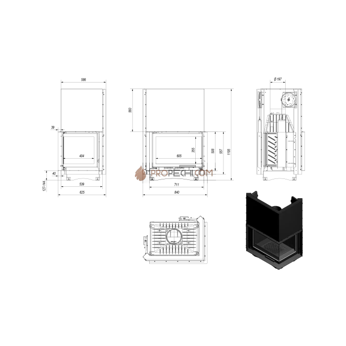 Каминная топка Kratki Zuzia/P/BS/G (угловое стекло справа, гильотина)