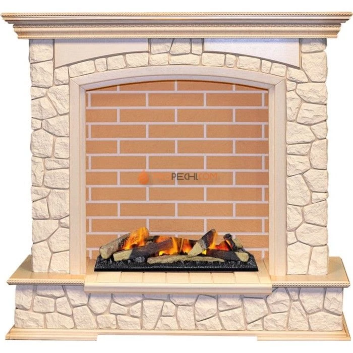 Каминокомплект Dimplex Preston - Слоновая кость с патиной / Кирпич с очагом Cassette 600 LNH-INT (с дровами)