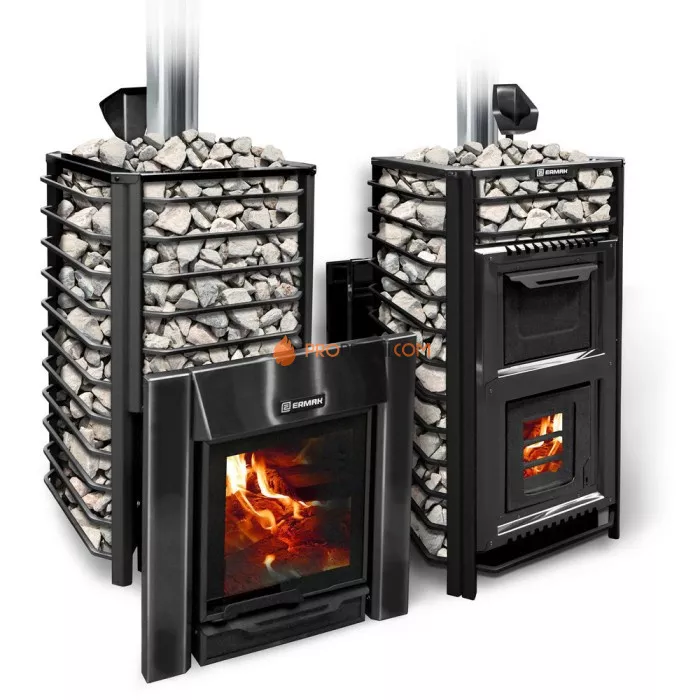 Дровяная печь для бани Ермак 30 Сетка-Люкс BLACK (с чугунной топкой)
