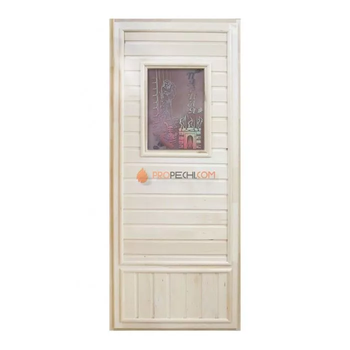 Дверь для бани DoorWood деревянная Вагонка эконом со стеклом Девушка в баньке (1850x750 мм)