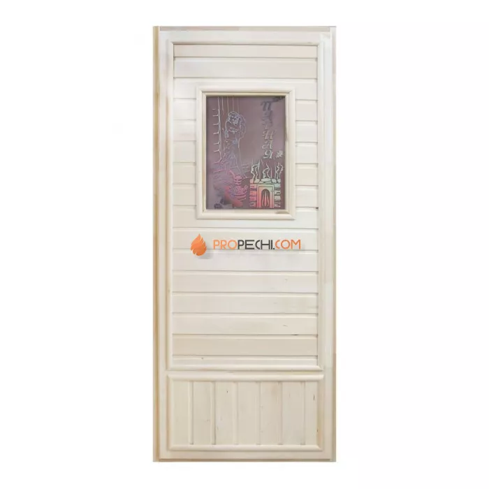 Дверь для бани DoorWood деревянная Вагонка эконом со стеклом Девушка в баньке (1850x750 мм)