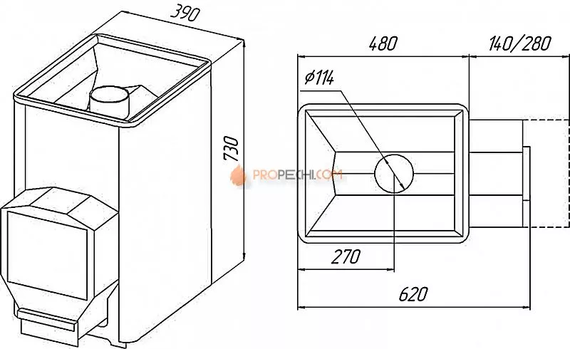 Печь банная Варвара Мини, удлиненная топка