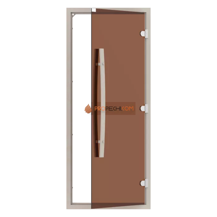 Дверь для бани стеклянная SAWO 742-4SGA 8/19, бронза, с порогом, осина, изогнутая ручка